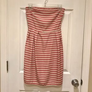 Red & Beige Striped Strapless Dress